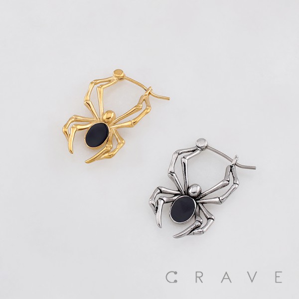 GOTHIC SPIDER BLACK ONYX CABOCHON BODY 316L SURGICAL STEEL EARRING